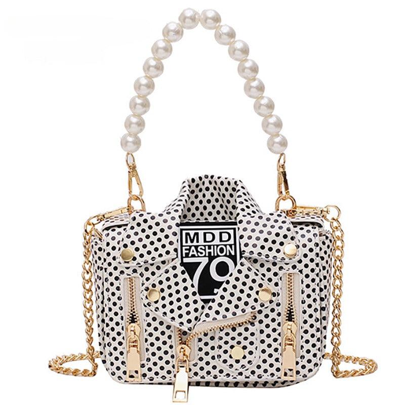 "T-BOO Dot Mini Jacket Messenger Bag with Pearl Handle Chain: Versatile Crossbody and Shoulder Bag for Women"