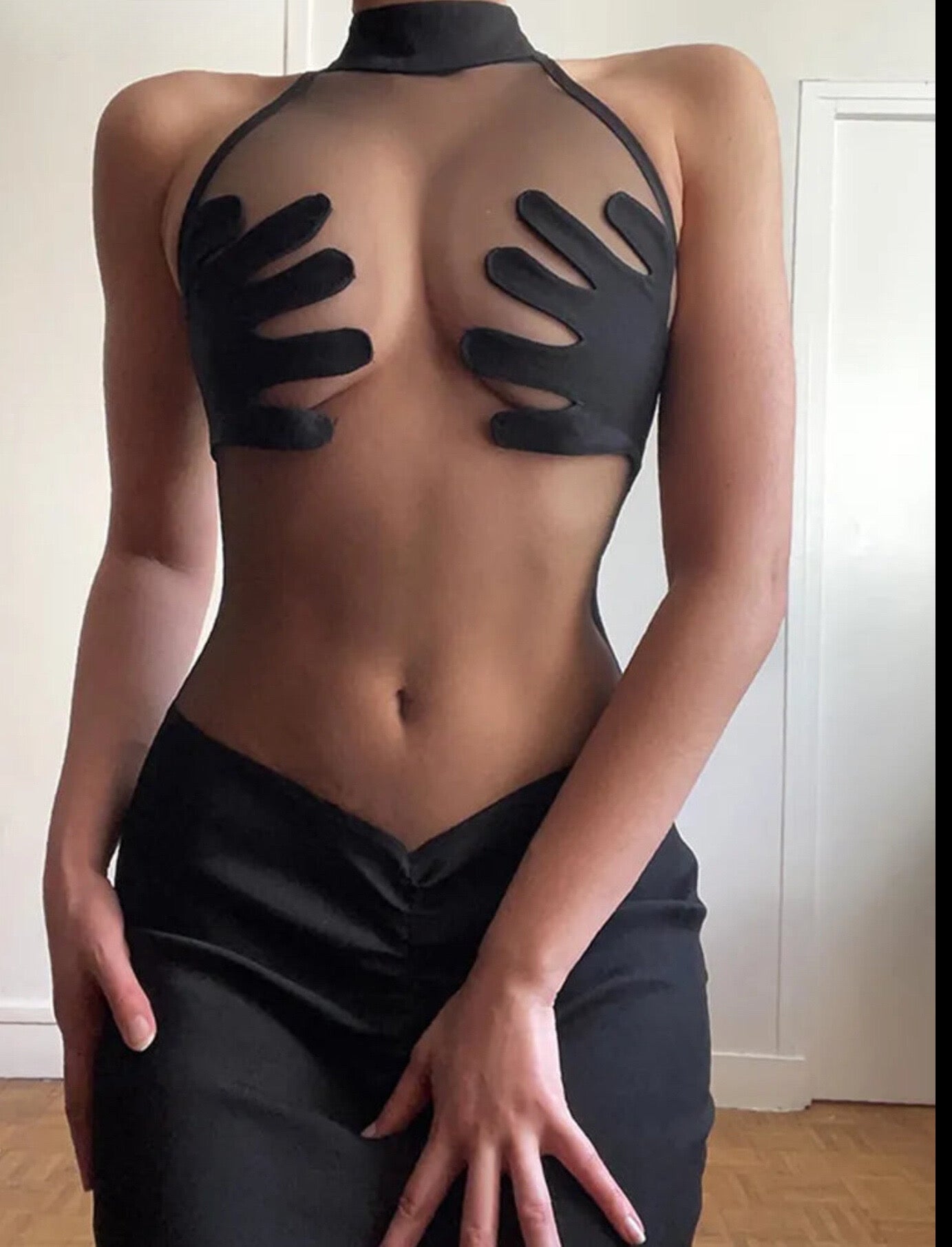 "T-BOO Women Handprint Mesh Dress: Round Neck Sexy Patchwork Sleeveless Bodycon Stretchy Skinny Midnight Party Clubwear"