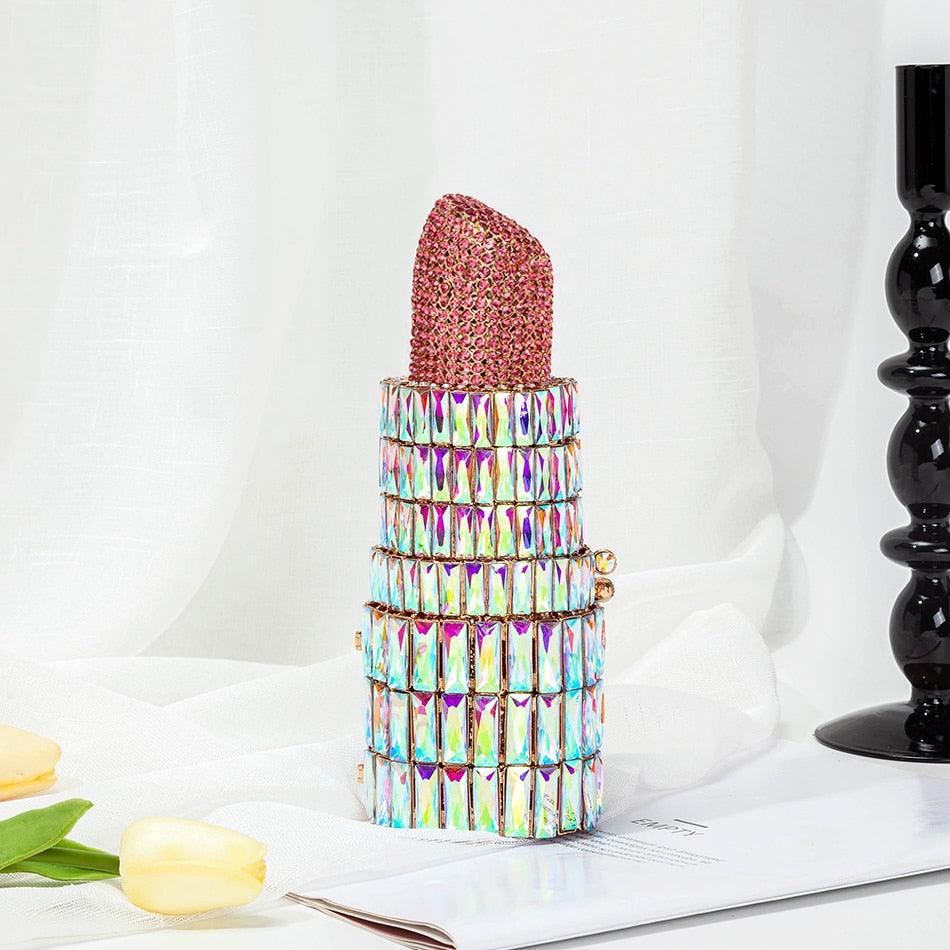 "Luxury Crystal Lipstick Clutch Bag: Designer Metal Rhinestone Evening Purse by T-BOO"