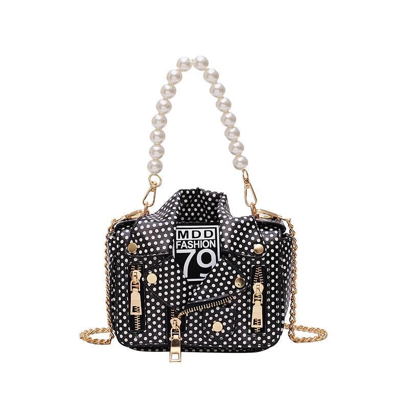 "T-BOO Dot Mini Jacket Messenger Bag with Pearl Handle Chain: Versatile Crossbody and Shoulder Bag for Women"