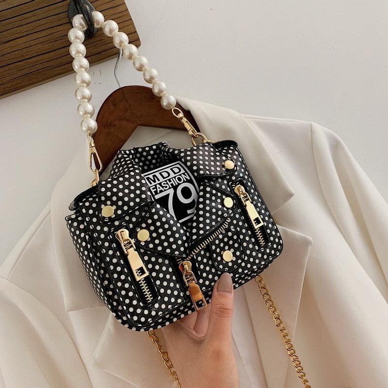 "T-BOO Dot Mini Jacket Messenger Bag with Pearl Handle Chain: Versatile Crossbody and Shoulder Bag for Women"