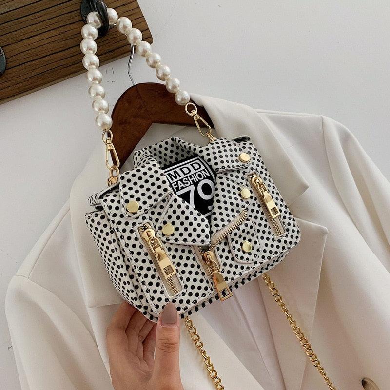 "T-BOO Dot Mini Jacket Messenger Bag with Pearl Handle Chain: Versatile Crossbody and Shoulder Bag for Women"