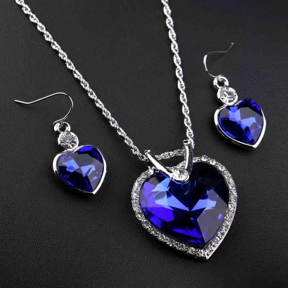 Royal Blue Crystal Jewelry Sets Silver Plated Rhinestone Necklace Earrings Set Bridal Jewelry Sets for Prom Wedding