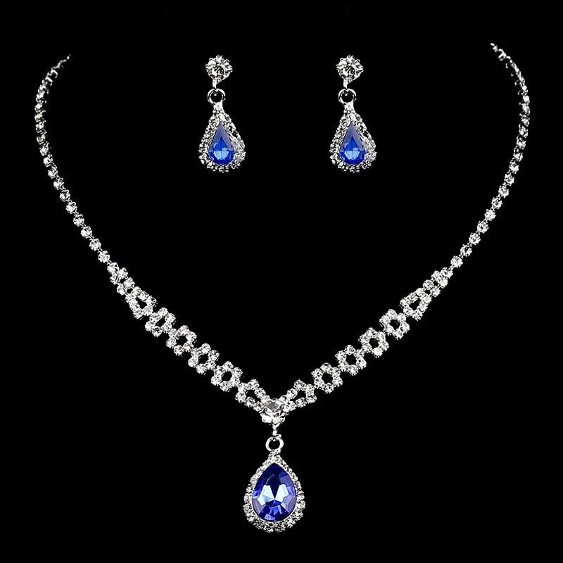 Royal Blue Crystal Jewelry Sets Silver Plated Rhinestone Necklace Earrings Set Bridal Jewelry Sets for Prom Wedding