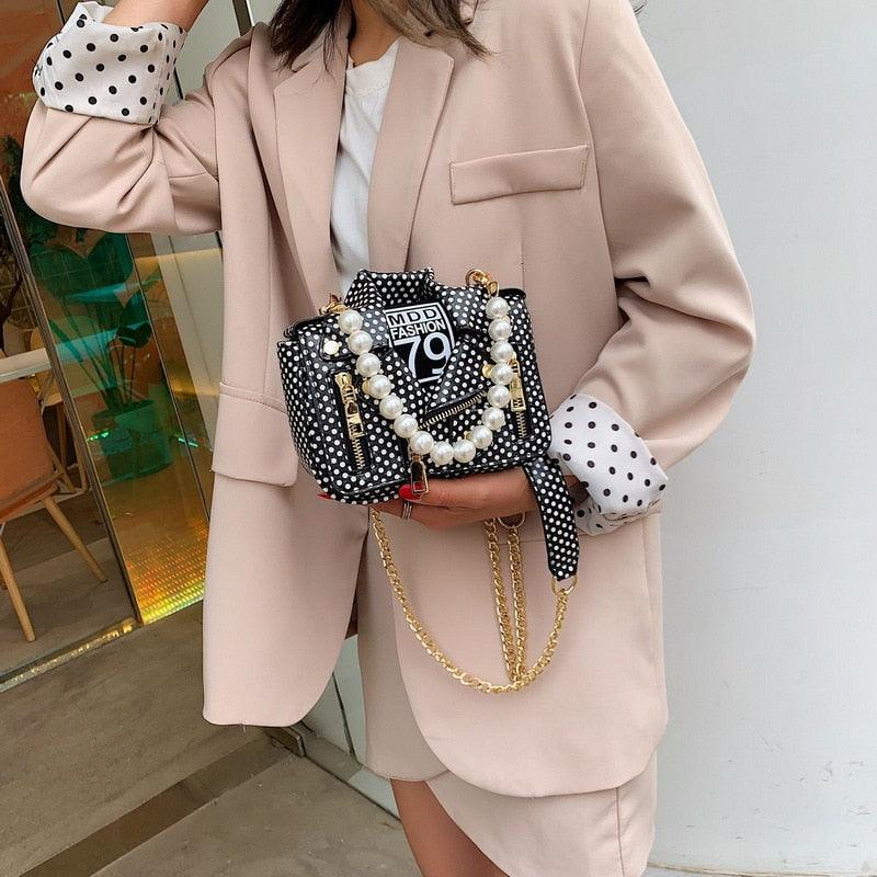"T-BOO Dot Mini Jacket Messenger Bag with Pearl Handle Chain: Versatile Crossbody and Shoulder Bag for Women"
