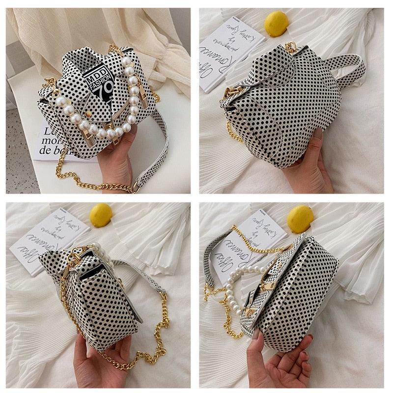 "T-BOO Dot Mini Jacket Messenger Bag with Pearl Handle Chain: Versatile Crossbody and Shoulder Bag for Women"