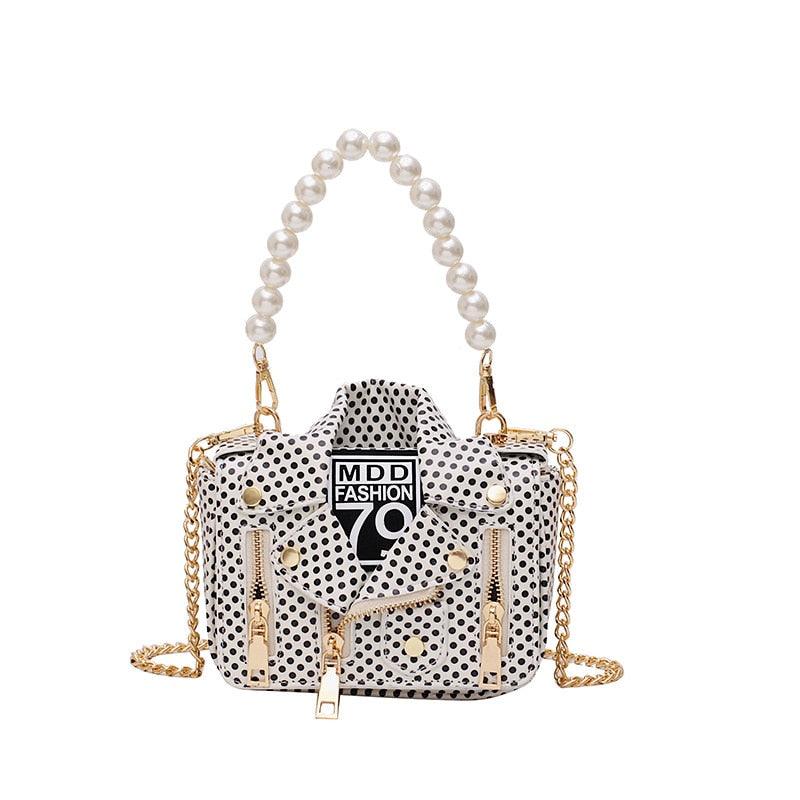 "T-BOO Dot Mini Jacket Messenger Bag with Pearl Handle Chain: Versatile Crossbody and Shoulder Bag for Women"