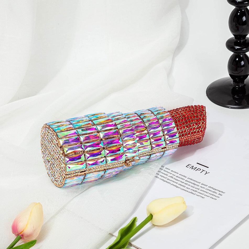 "Luxury Crystal Lipstick Clutch Bag: Designer Metal Rhinestone Evening Purse by T-BOO"