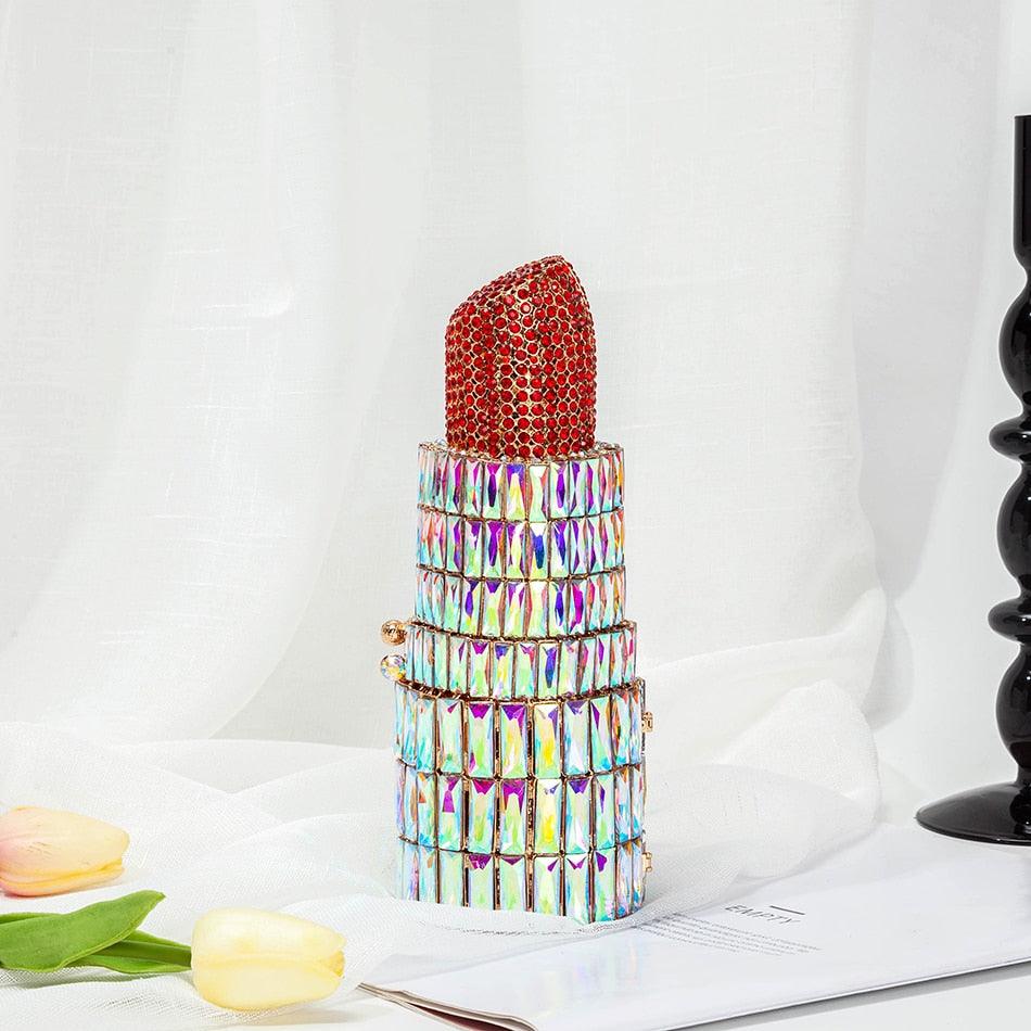 "Luxury Crystal Lipstick Clutch Bag: Designer Metal Rhinestone Evening Purse by T-BOO"