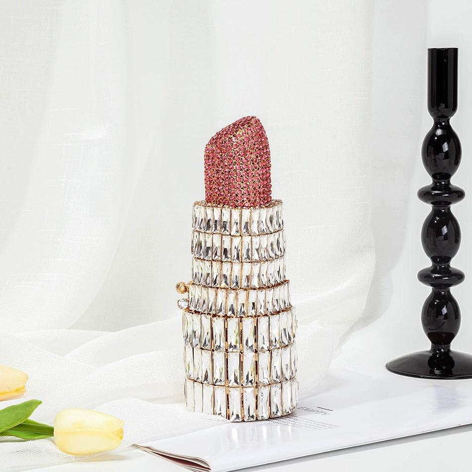 "Luxury Crystal Lipstick Clutch Bag: Designer Metal Rhinestone Evening Purse by T-BOO"