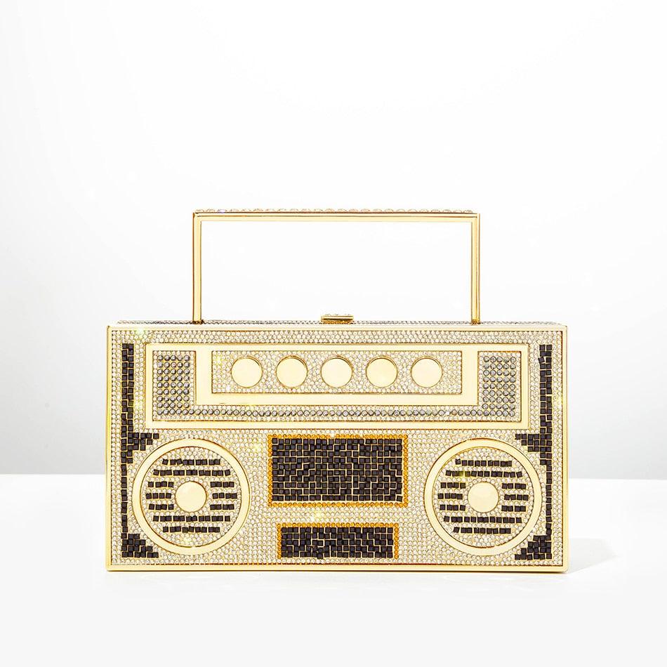 "T-BOO Color Diamonds Radio Evening Clutch Bag with Metal Handle: Shiny Rhinestone Purse and Handbags Designer"