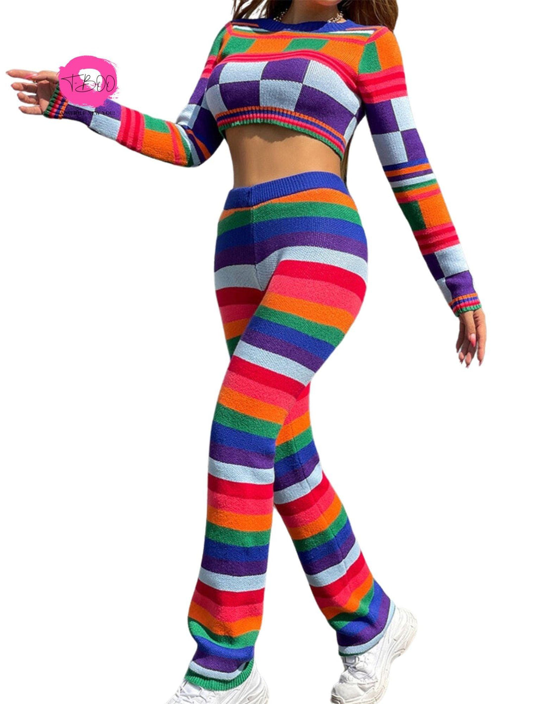 T-BOO Women 2 Piece Set Knit Fashion Tracksuit Colorful Thick Full Sleeve Crop Top+Straight Pants Matching Streetwear Outfits