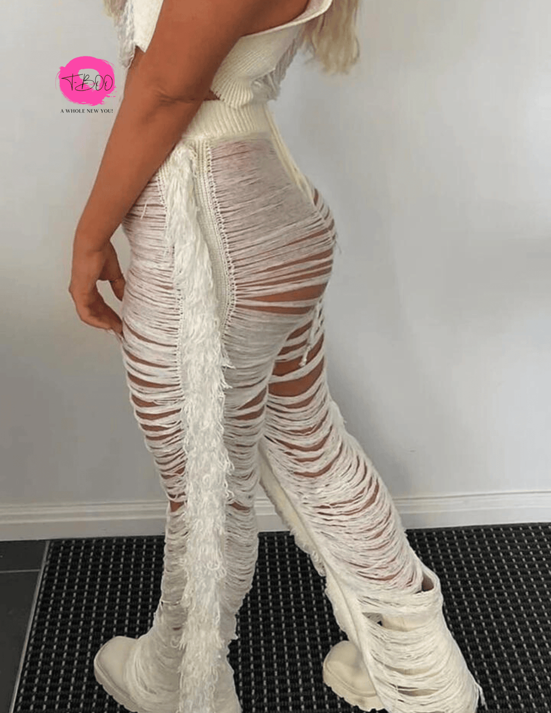 T-BOO Women Ripped Side Tassel Straight Pants Sexy Party Hipster Skinny Pants High Waist Street Trousers