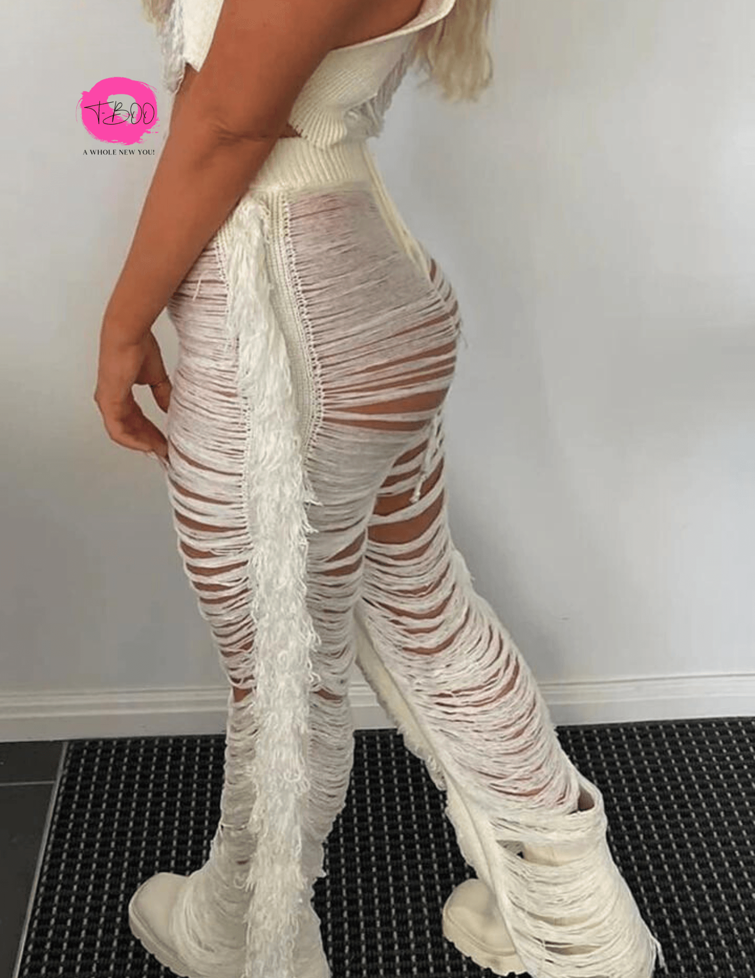 T-BOO Women Ripped Side Tassel Straight Pants Sexy Party Hipster Skinny Pants High Waist Street Trousers