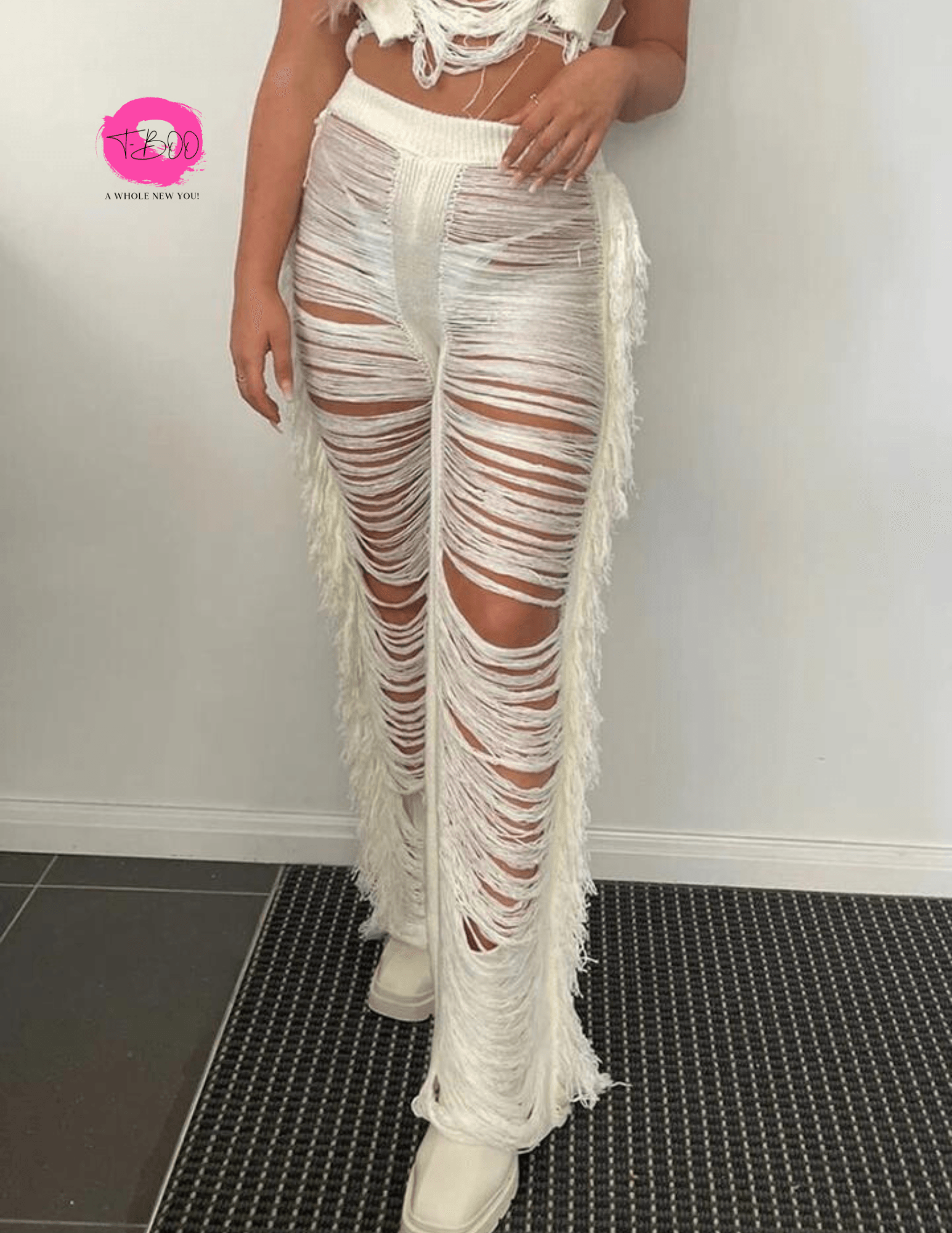 T-BOO Women Ripped Side Tassel Straight Pants Sexy Party Hipster Skinny Pants High Waist Street Trousers