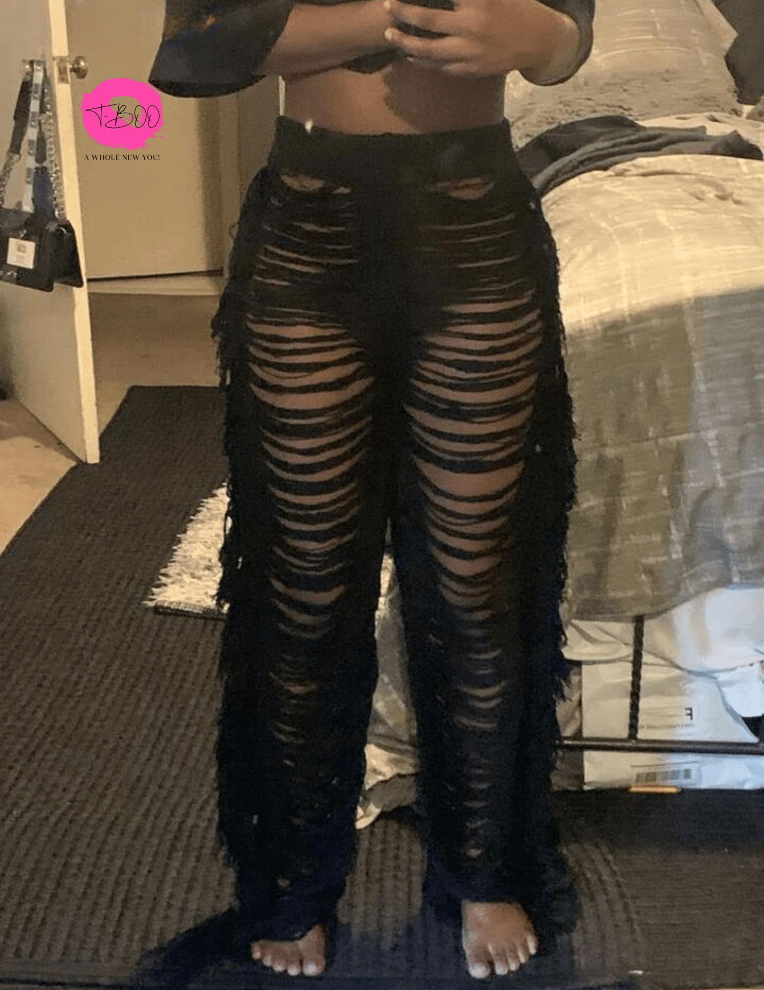 T-BOO Women Ripped Side Tassel Straight Pants Sexy Party Hipster Skinny Pants High Waist Street Trousers