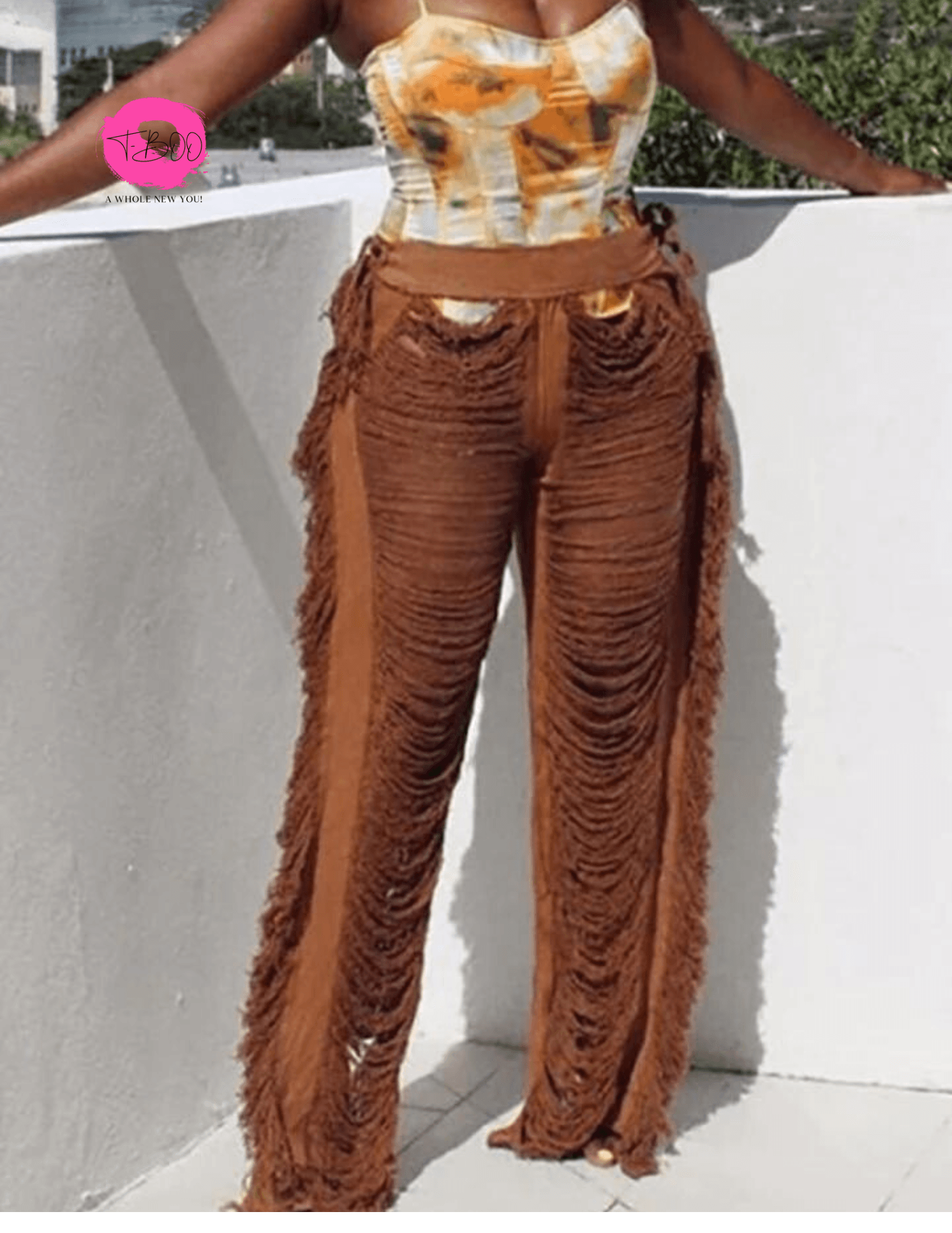 T-BOO Women Ripped Side Tassel Straight Pants Sexy Party Hipster Skinny Pants High Waist Street Trousers