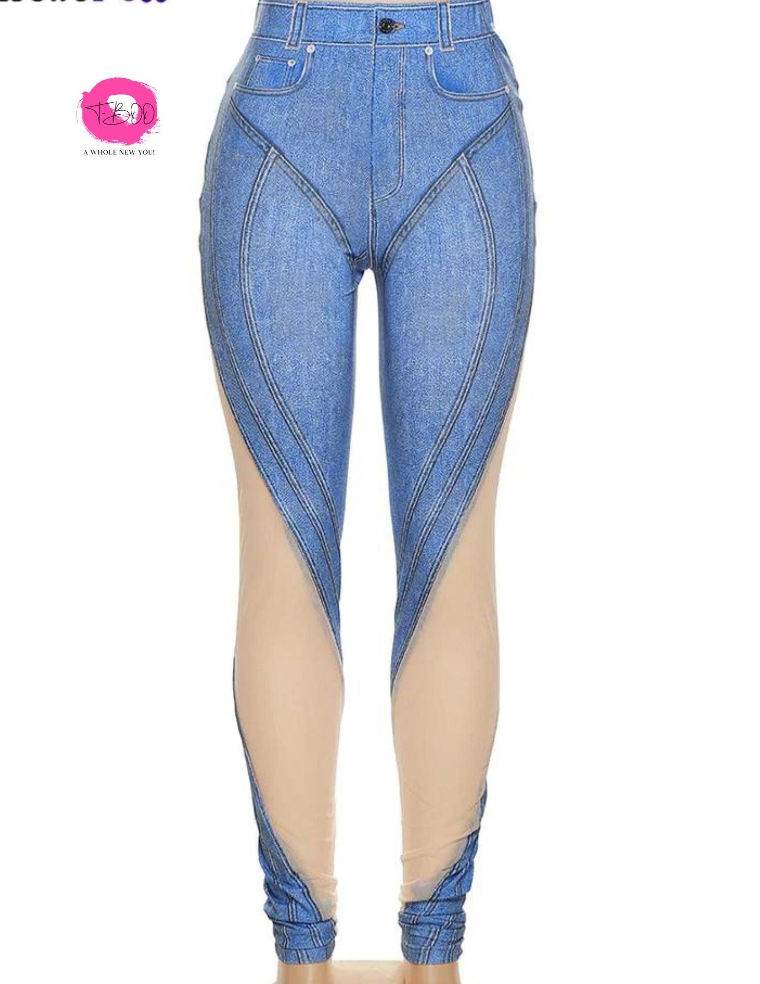 T-BOO Sexy Jeans See Through Skinny Denim Women Summer Mesh Stacked Trousers Trend Chic Wild Street Denim