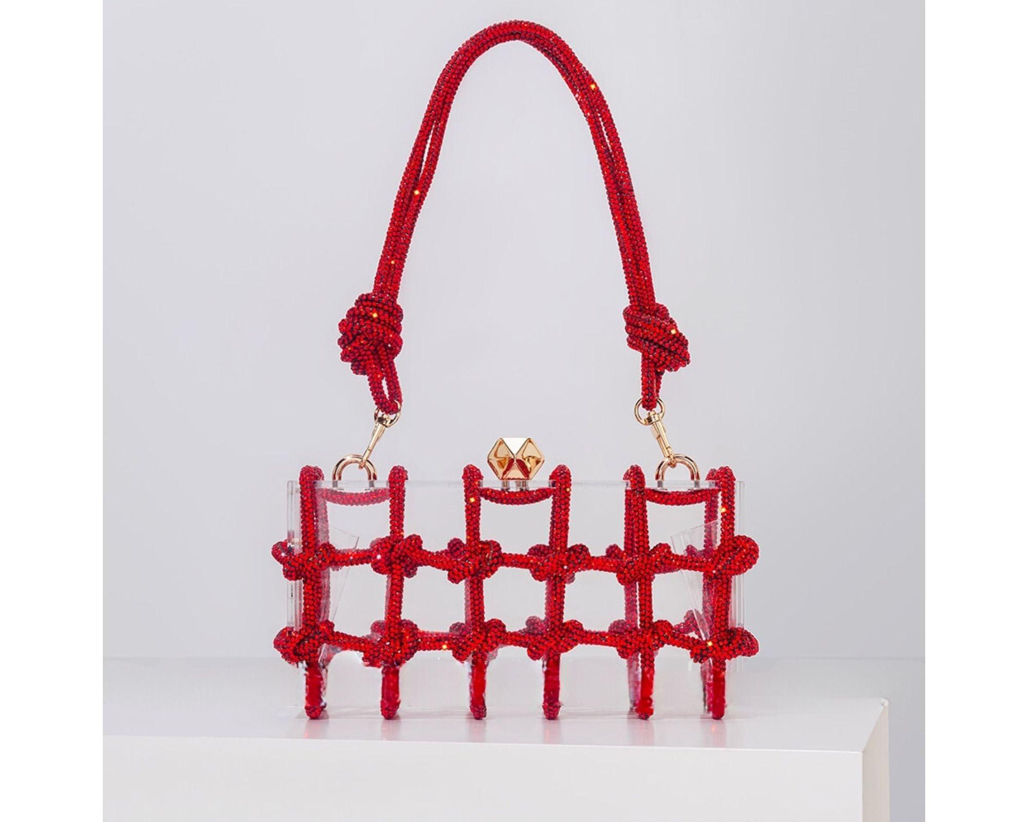 Women Clear Diamond Acrylic Box Evening Clutch Bags New Woven Knotted Rope Rhinestone Purses And Handbags