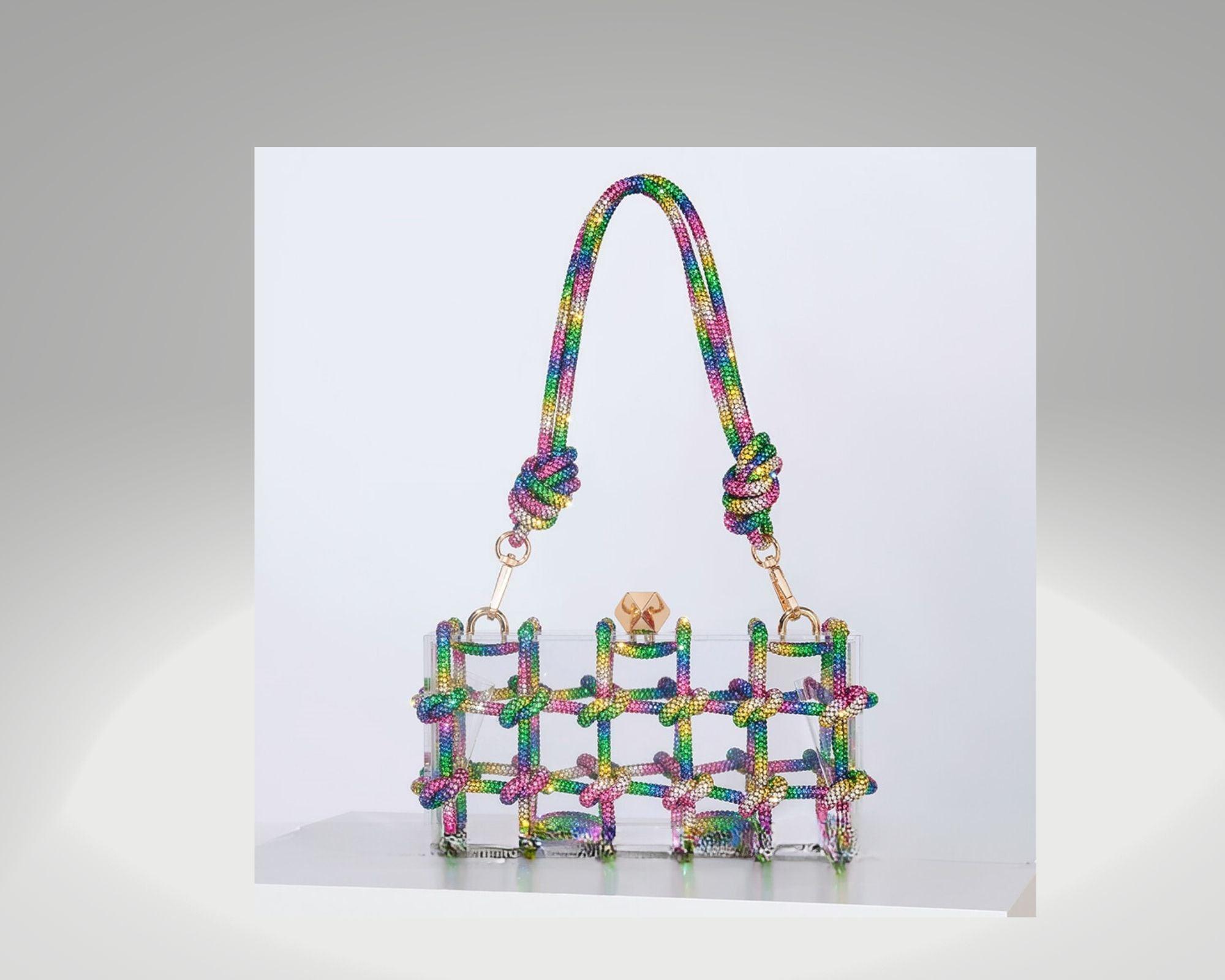 Women Clear Diamond Acrylic Box Evening Clutch Bags New Woven Knotted Rope Rhinestone Purses And Handbags