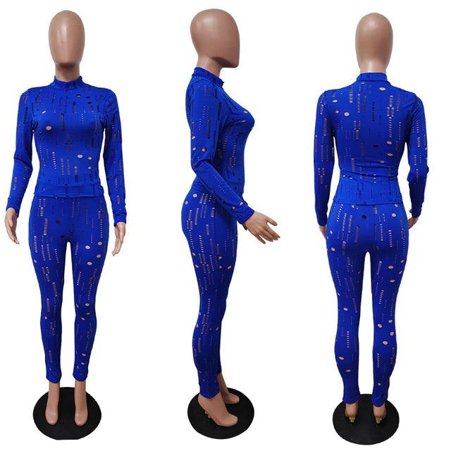 Two Piece Set Stretchy Long Sleeve Holes Black Turtleneck Top Pencil Pants