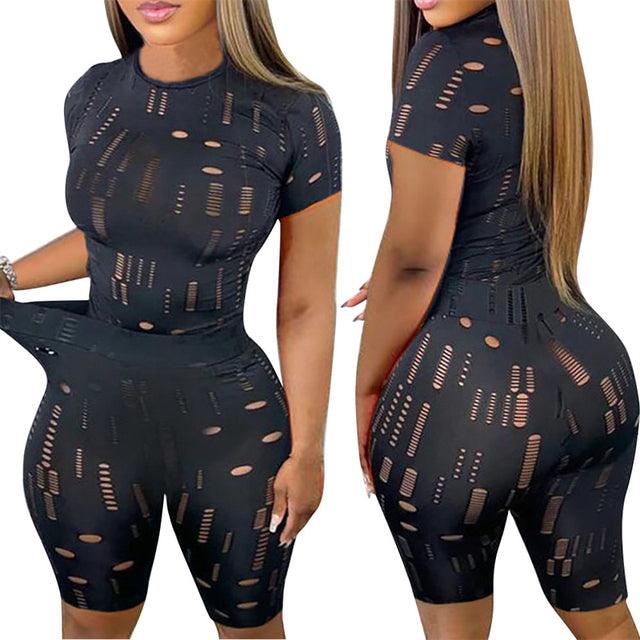 Two Piece Set Stretchy Long Sleeve Holes Black Turtleneck Top Pencil Pants