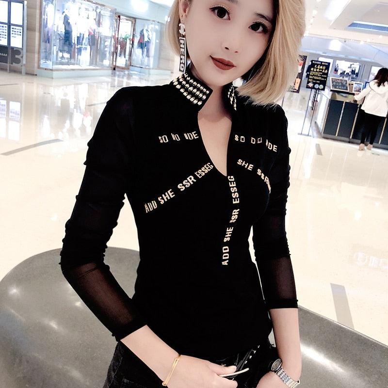 2022 Sexy Women Long Sleeve Mesh T-shirt Embroidery Letter Top Camiseta Mujer