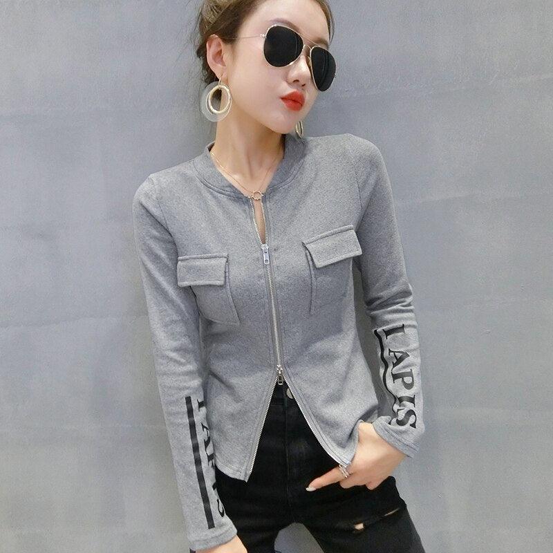 Fall 2022 New Cotton Tops Sexy Chic Pockets Zipper Pullover Print Letter Women Short Jacket