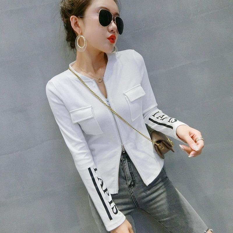 Fall 2022 New Cotton Tops Sexy Chic Pockets Zipper Pullover Print Letter Women Short Jacket