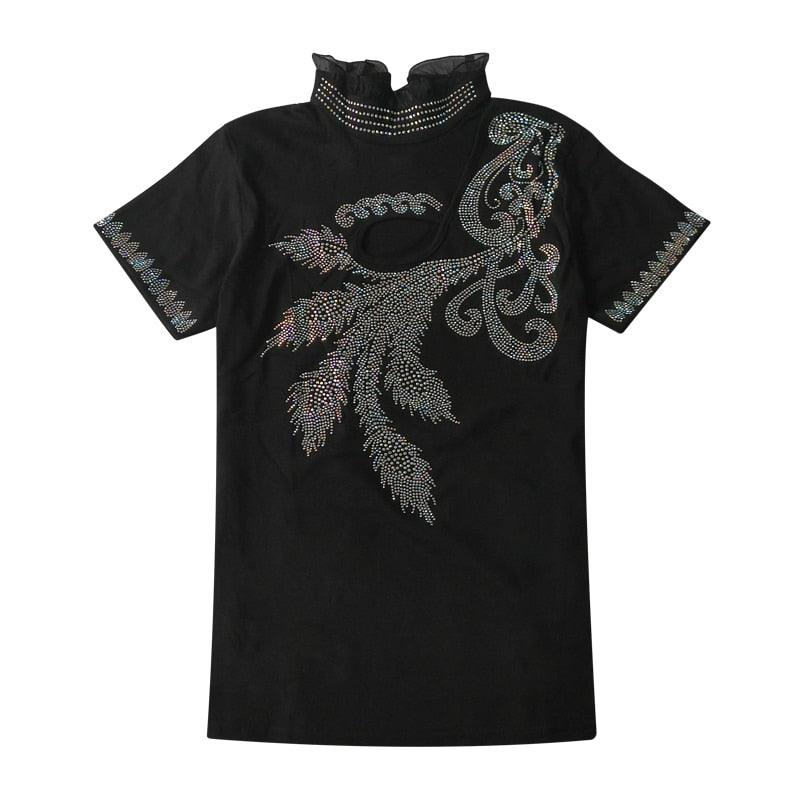 New Women Sexy Cotton European T-Shirt Elegant Shiny Diamonds Style Hollow Out Women Tops Short Sleeve Tees