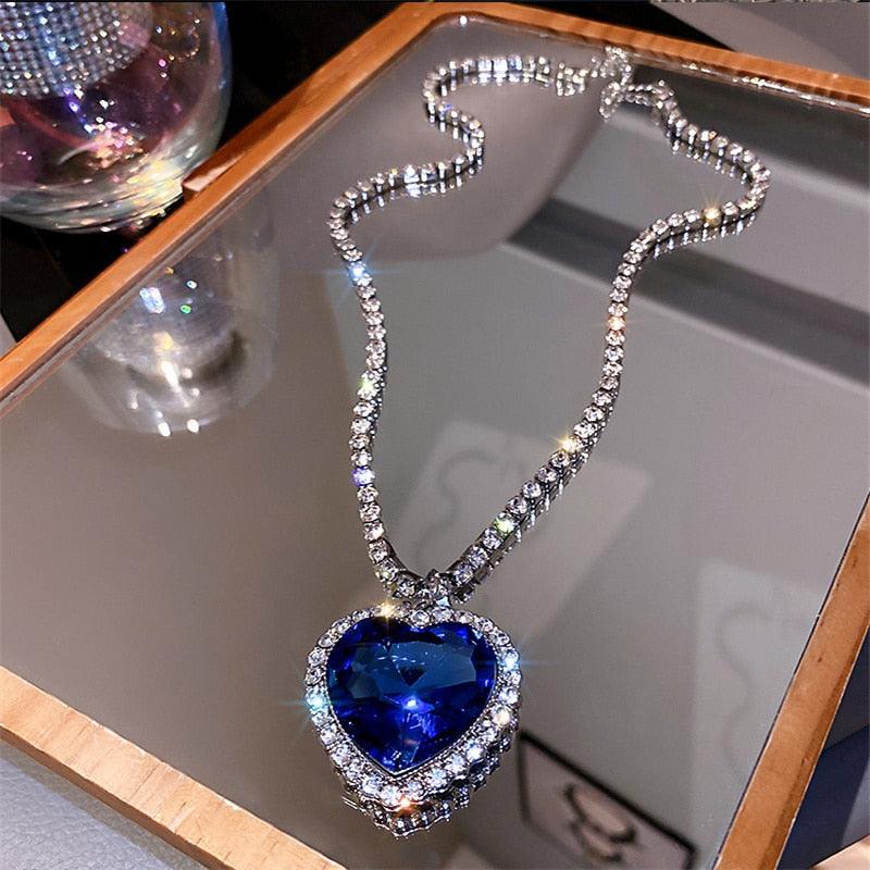 Stunning Blue Crystal Heart Shaped Pendant with Rhinestone Diamonds- Make a Statement with Our Exquisite Diamond Necklace