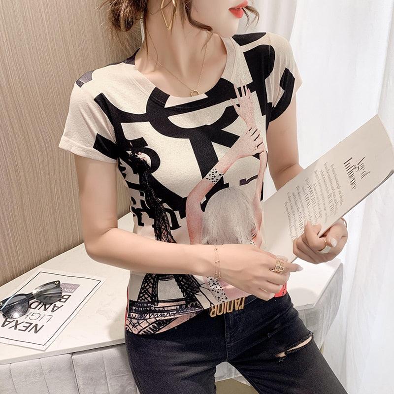 Women Fashion T-Shirt Print Eiffel Tower Girl New Hot Elegant Tops Short Sleeve Shirt Street Tees 2021