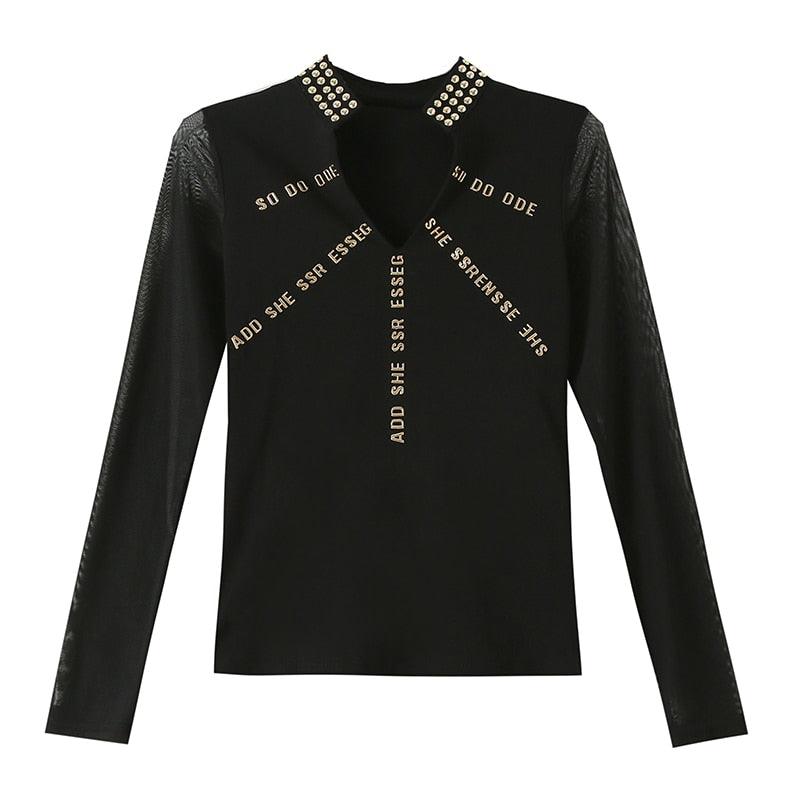 2022 Sexy Women Long Sleeve Mesh T-shirt Embroidery Letter Top Camiseta Mujer