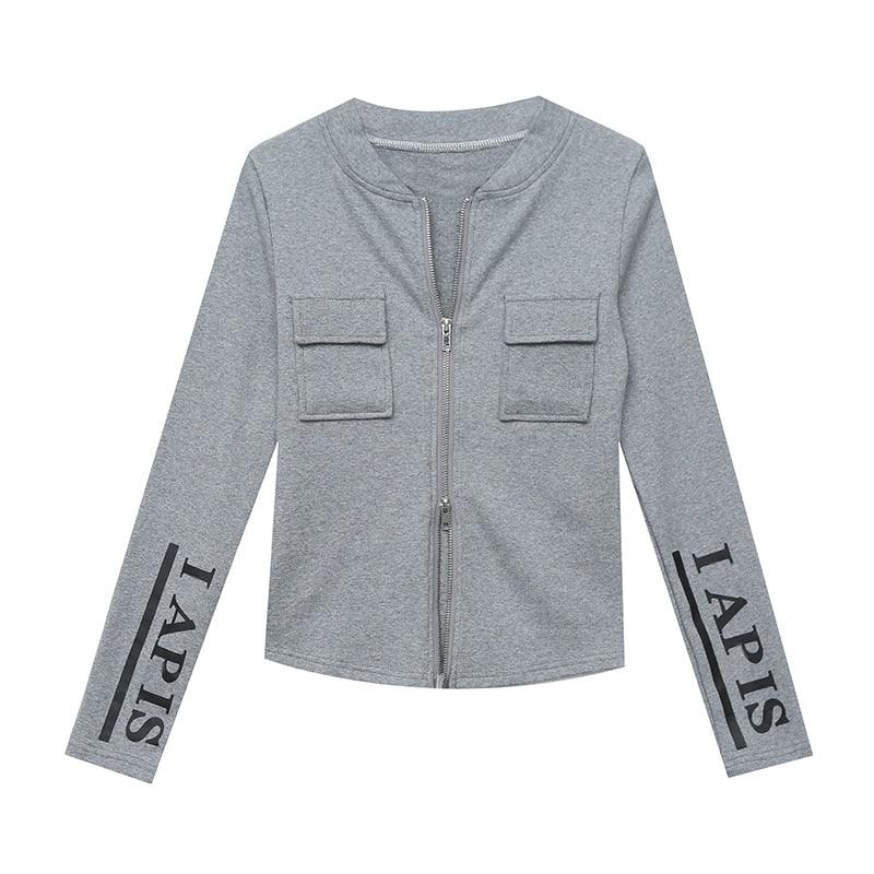 Fall 2022 New Cotton Tops Sexy Chic Pockets Zipper Pullover Print Letter Women Short Jacket