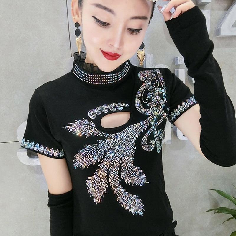 New Women Sexy Cotton European T-Shirt Elegant Shiny Diamonds Style Hollow Out Women Tops Short Sleeve Tees