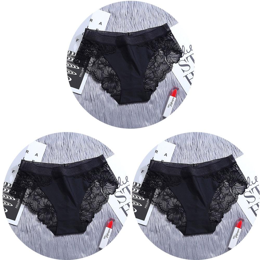 T-BOO Women 3Pcs/Lot Lace Panties Sets Transparent Briefs Ice Silk Seamless Underwear Mid-Rise Lady Panty Woman Lingerie