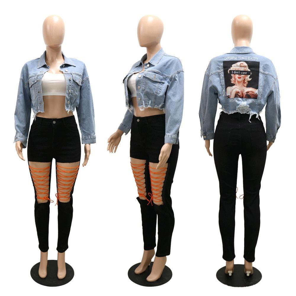 Women Denim Coat Long Sleeve Button Up Wild Crop Coat 2022 New Chic Jacket Letter Printed Distressed Hole Outwear