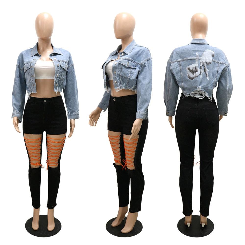 Women Denim Coat Long Sleeve Button Up Wild Crop Coat 2022 New Chic Jacket Letter Printed Distressed Hole Outwear