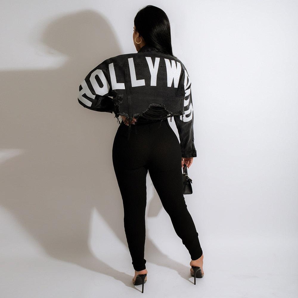 Women Denim Coat Long Sleeve Button Up Wild Crop Coat 2022 New Chic Jacket Letter Printed Distressed Hole Outwear