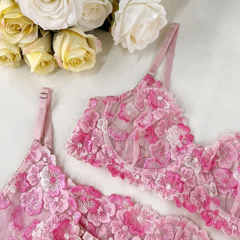 T-BOO Sexy 3-Piece Exotic Bra and Garter Thong Sets Lace Floral Lingerie French Fairy Ruffle Underwear Push Up Brassiere