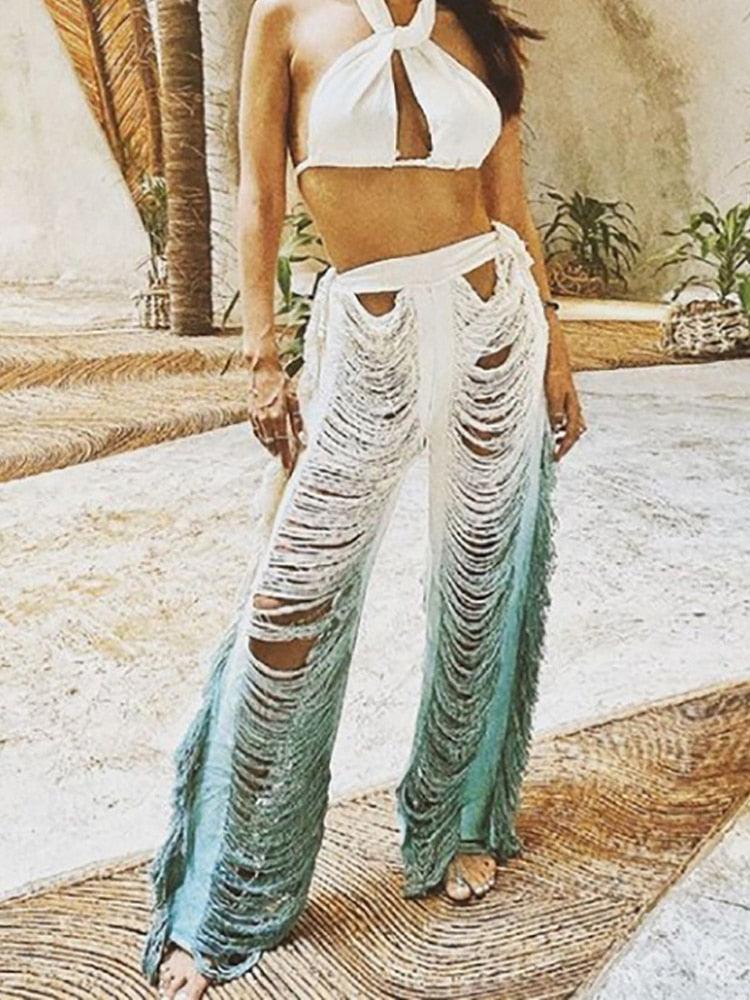 T-BOO Women Ripped Side Tassel Straight Pants Sexy Party Hipster Skinny Pants High Waist Street Trousers