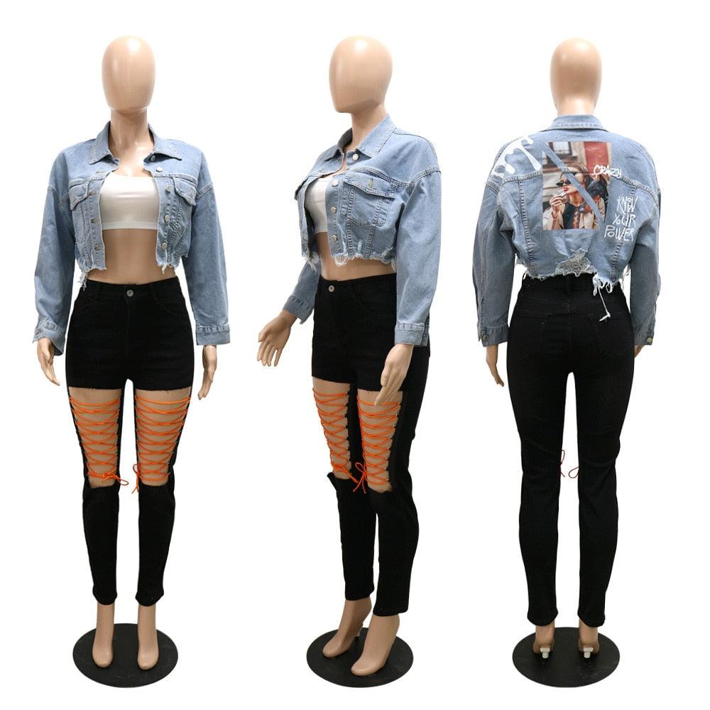 Women Denim Coat Long Sleeve Button Up Wild Crop Coat 2022 New Chic Jacket Letter Printed Distressed Hole Outwear