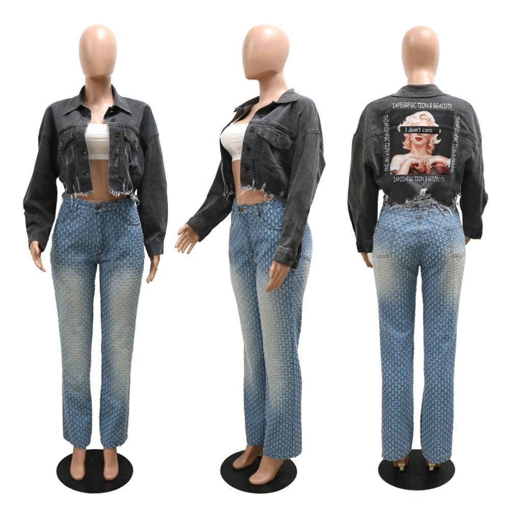 Women Denim Coat Long Sleeve Button Up Wild Crop Coat 2022 New Chic Jacket Letter Printed Distressed Hole Outwear