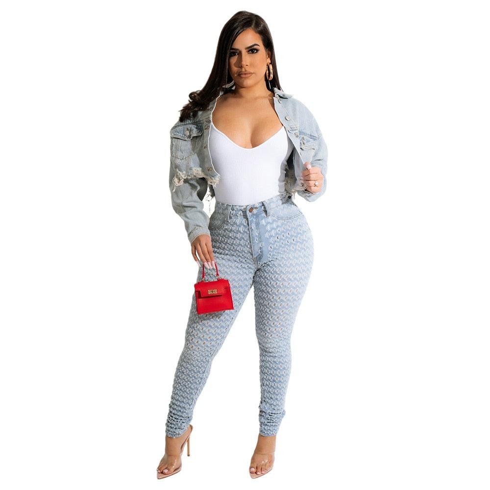 Women Denim Coat Long Sleeve Button Up Wild Crop Coat 2022 New Chic Jacket Letter Printed Distressed Hole Outwear