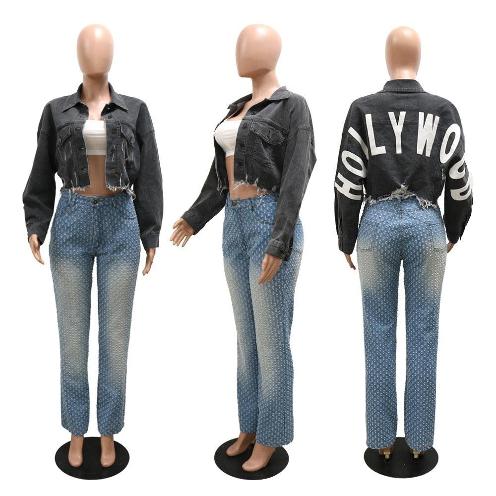 Women Denim Coat Long Sleeve Button Up Wild Crop Coat 2022 New Chic Jacket Letter Printed Distressed Hole Outwear