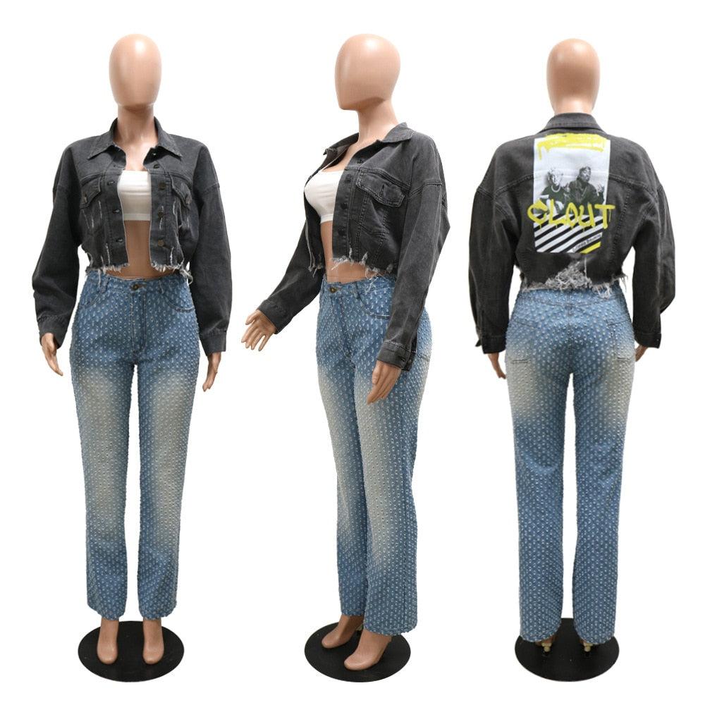 Women Denim Coat Long Sleeve Button Up Wild Crop Coat 2022 New Chic Jacket Letter Printed Distressed Hole Outwear