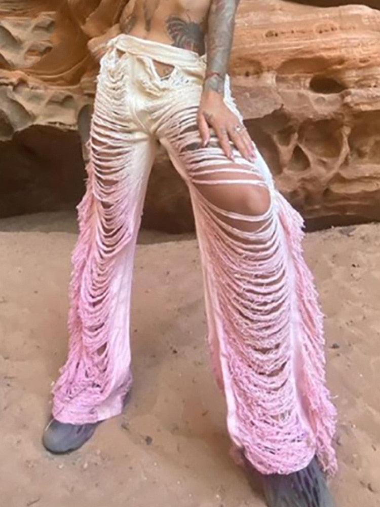 T-BOO Women Ripped Side Tassel Straight Pants Sexy Party Hipster Skinny Pants High Waist Street Trousers