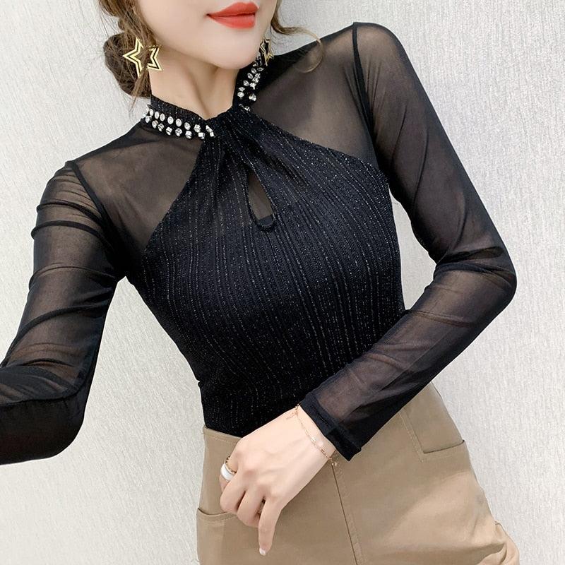 T-BOO 2022 Fashion Women Long Sleeve T-shirts Sexy Mesh tops Beaded Solid Color Woman tshirts Plus Size blusas