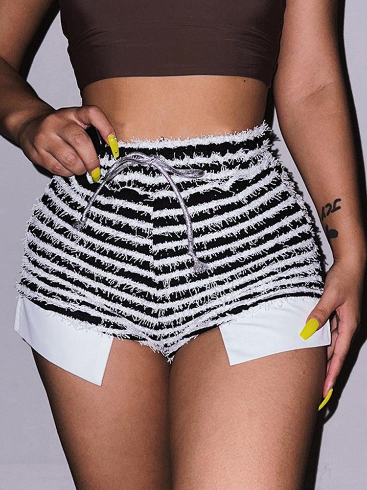 T-BOO Side Split Shorts Women Fuzzy Zebra Print Shorts Skinny Lace Up 2023 Fashion Casual Streetwear Bottoms Elastic