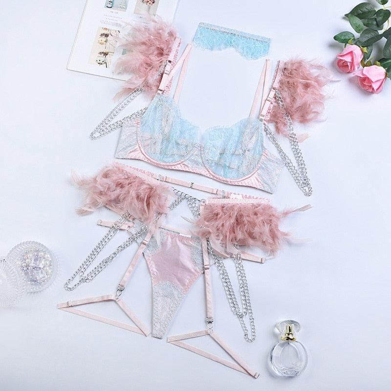 T-BOO Lingerie For Women Feather Underwear Tulle Bra With Chain See Through Lace Garter Outfits